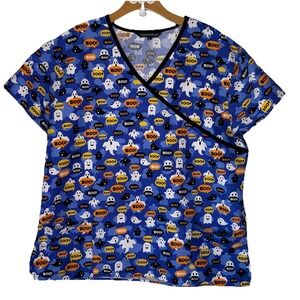 Cassandra O Womens XL Scrub Top V-Neck Pockets S/S Fall Halloween Boo Ghost
